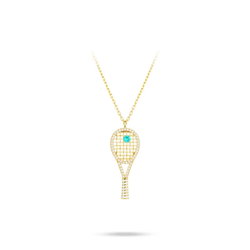 Bellux Pendant 925 Silver Synthetic Zircon Gold Hollow Tennis Racket Cute Design Necklace