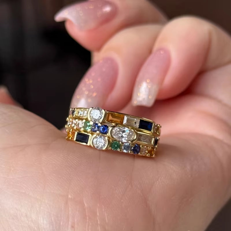 BELLUX 925 Silver Ring Color Geometric Irregular Artificial Yellow Blue Green Nano Gemstone Vintage Unisex Jewelry Ring