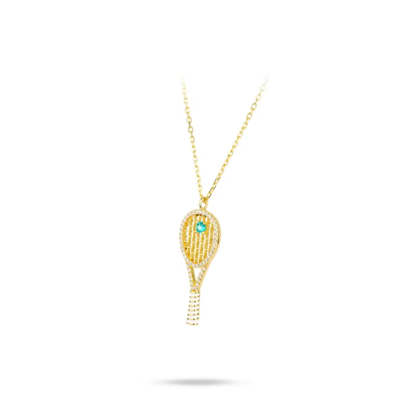 Bellux Pendant 925 Silver Synthetic Zircon Gold Hollow Tennis Racket Cute Design Necklace