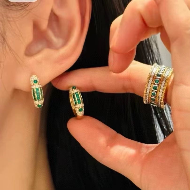 BELLUX Fashion New Arrival 925 Silver Gold Plated Synthetic Zircon Emerald Full Diamond Vintage Earrings