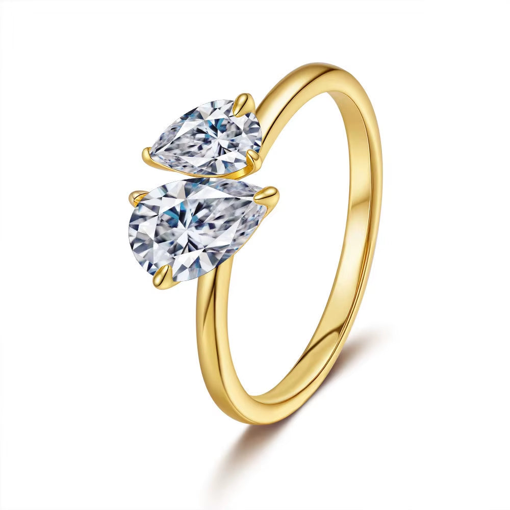 Luxury 100% Real 18K Gold Women'S Diamond Ring Mosan Diamond Double Diamond Ring Square Water Drop Wedding Ring