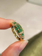 BELLUX Fashion New Arrival 925 Silver Gold Plated Synthetic Zircon Emerald Full Diamond Vintage Ring