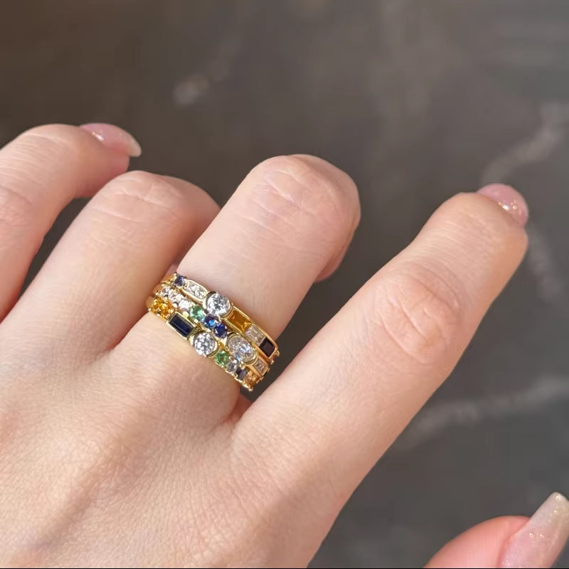 BELLUX 925 Silver Ring Color Geometric Irregular Artificial Yellow Blue Green Nano Gemstone Vintage Unisex Jewelry Ring