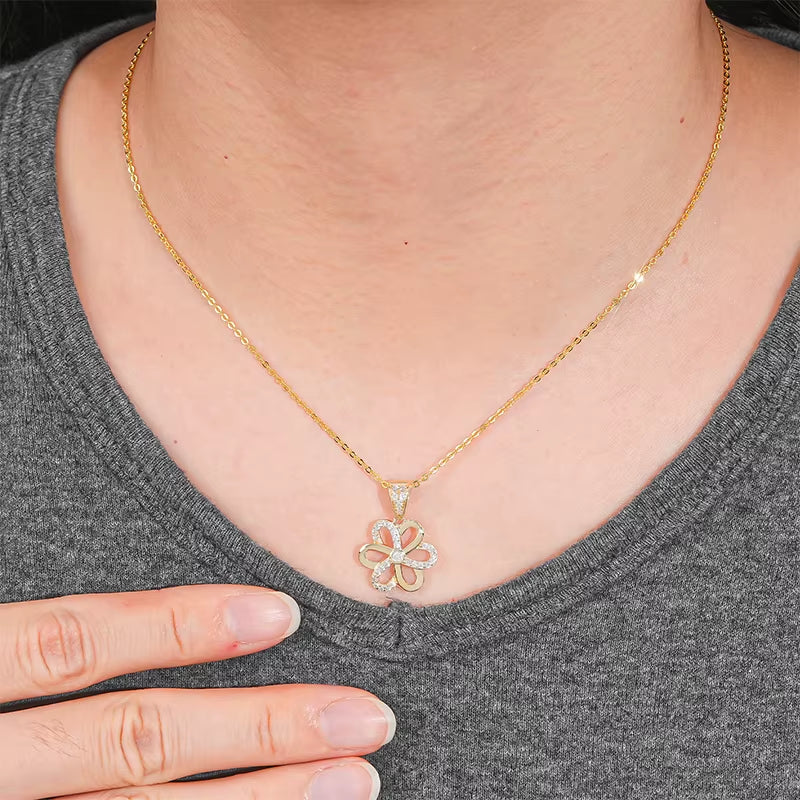 Au585 Cubic Zircon CZ 14K Solid Gold Diamond Flower Pendant Necklace for Women with 925 Sterling Silver Chain for Gift