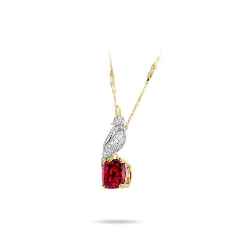 BELLUX Pendant Chain 925 Silver Synthetic Zircon Ruby Square Full Diamonds Bird Light Luxury Fashion Necklace