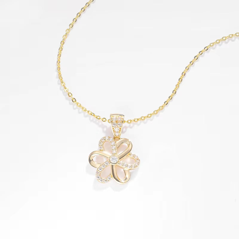 Au585 Cubic Zircon CZ 14K Solid Gold Diamond Flower Pendant Necklace for Women with 925 Sterling Silver Chain for Gift