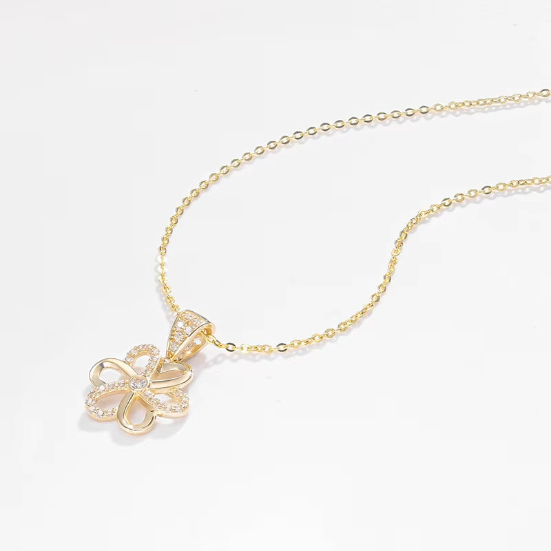 Au585 Cubic Zircon CZ 14K Solid Gold Diamond Flower Pendant Necklace for Women with 925 Sterling Silver Chain for Gift