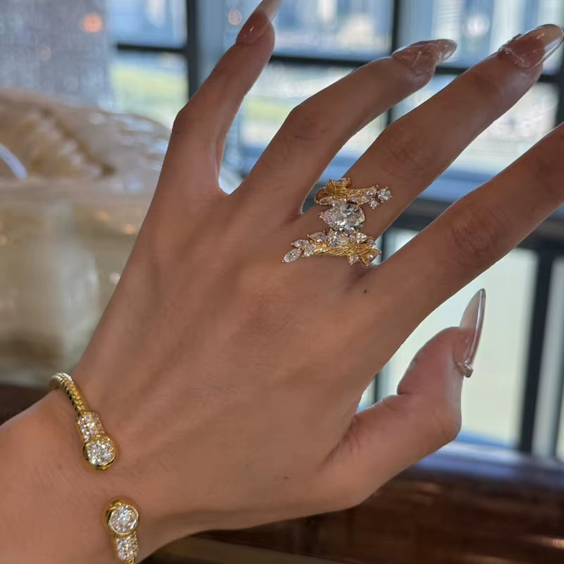 BELLUX 925 Sterling Silver Plated Gold Ring with Synthetic Zircon Gemstones Exquisite Leaf Branch Design Ring