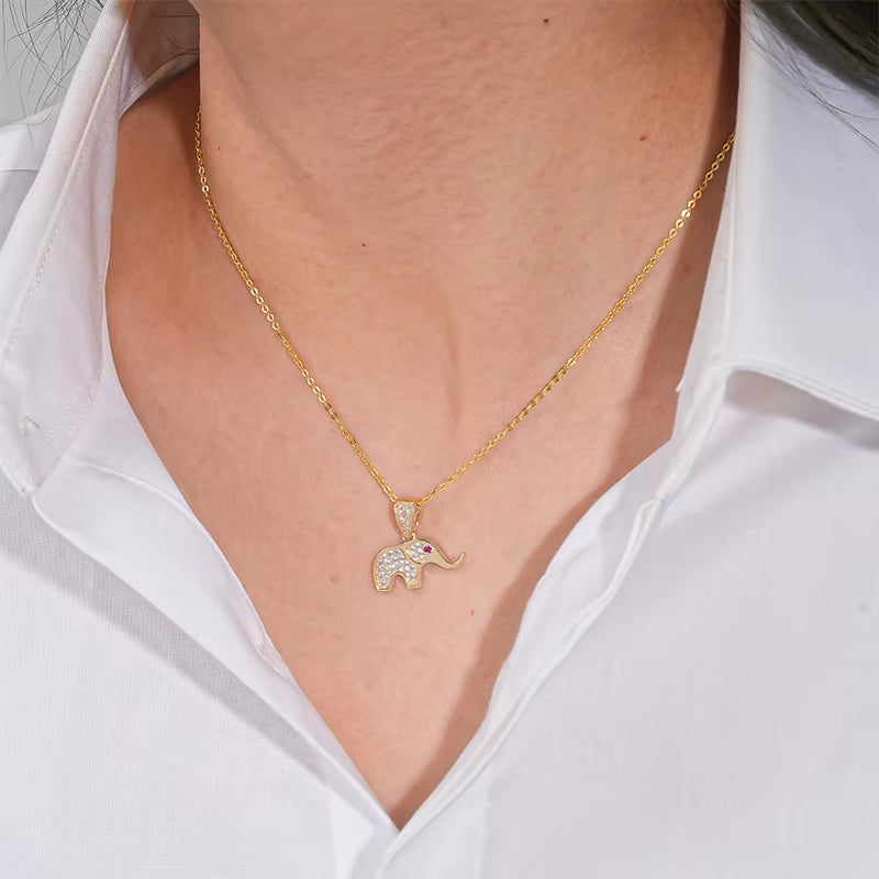 14K Solid Gold Cubic Zircon CZ Charms Necklace Animal Good Luck Elephant Pendant for Women with 925 Silver Link Chain