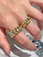BELLUX Italian Style Fashion 925 Silver Gold-Plated Synthetic Zircon Bead Sparkling Diamond Vintage Ring