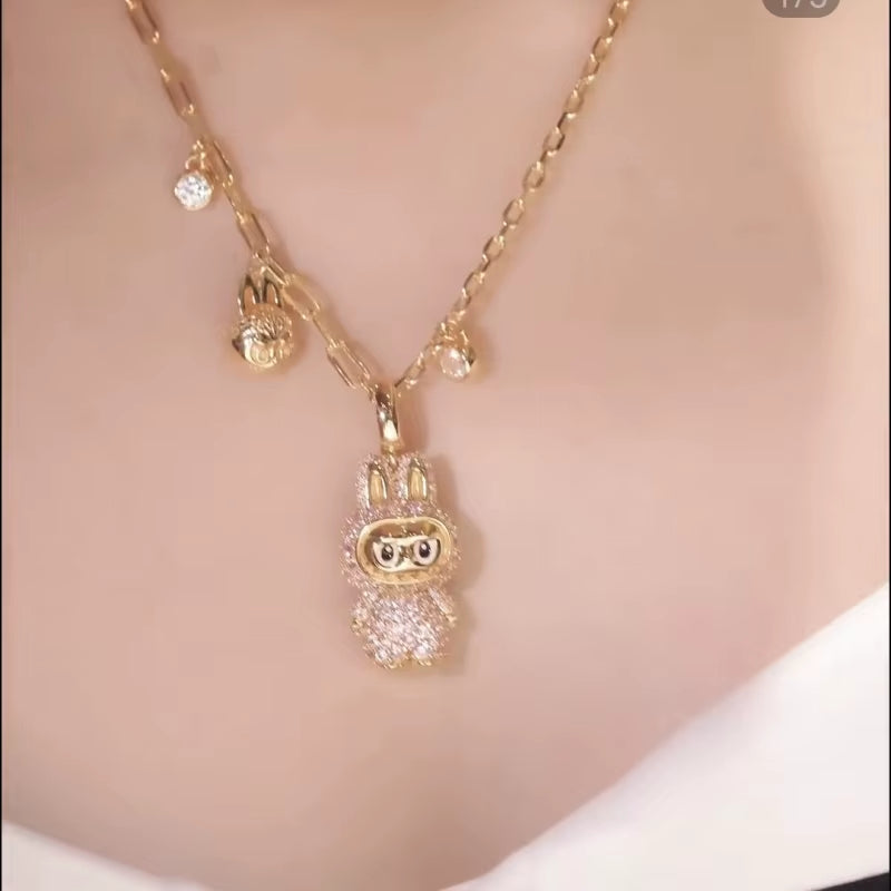 BELLUX New Design Pendant Chain 925 Silver Synthetic Zircon Strawberry Pink Rabbit Full Diamond Fashion Necklace