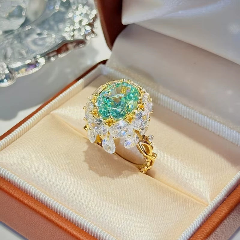 Bellux 925 Sterling Silver Plated 18K Gold Synthetic Zircon Blue Green Paraíba Gemstone Fine Jewelry Tassel Ring