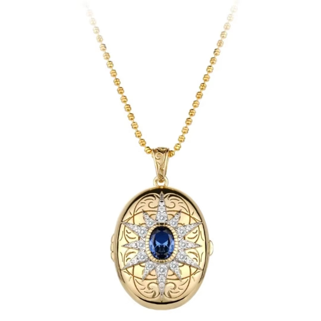BELLUX Pendant Chain 925 Silver Gold-Plated Synthetic Zircon Oval Sapphire Sunflower Mirror Necklace