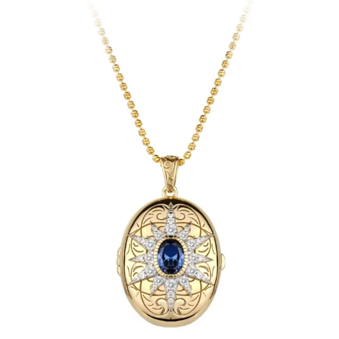 BELLUX Pendant Chain 925 Silver Gold-Plated Synthetic Zircon Oval Sapphire Sunflower Mirror Necklace