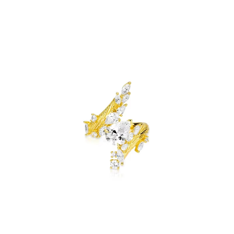 BELLUX 925 Sterling Silver Plated Gold Ring with Synthetic Zircon Gemstones Exquisite Leaf Branch Design Ring