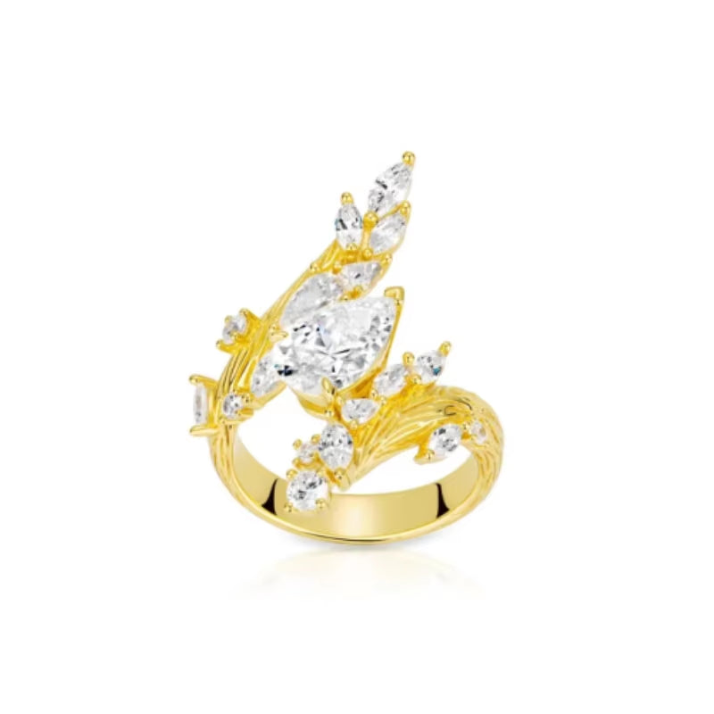 BELLUX 925 Sterling Silver Plated Gold Ring with Synthetic Zircon Gemstones Exquisite Leaf Branch Design Ring