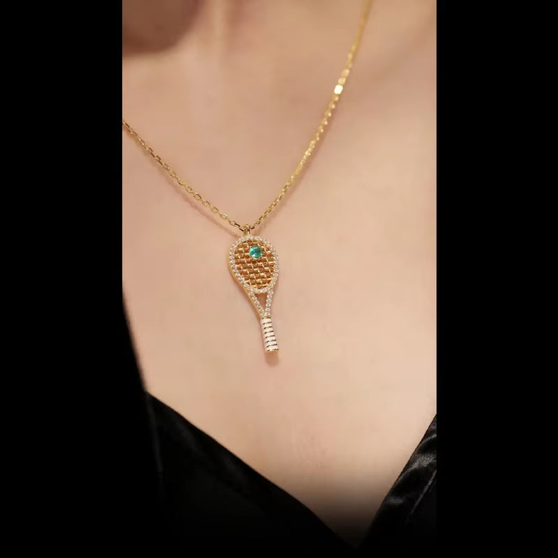 Bellux Pendant 925 Silver Synthetic Zircon Gold Hollow Tennis Racket Cute Design Necklace