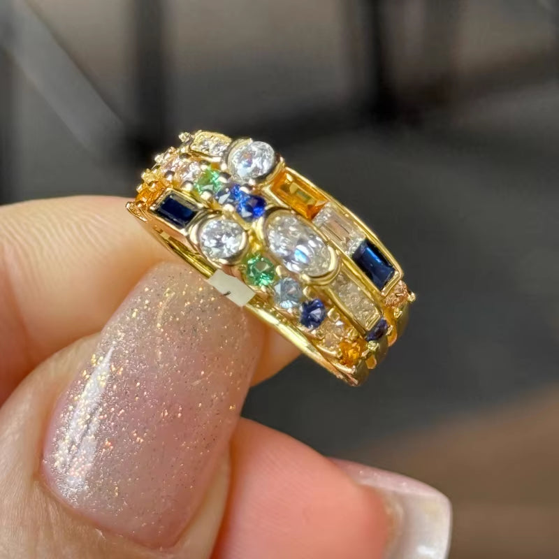 BELLUX 925 Silver Ring Color Geometric Irregular Artificial Yellow Blue Green Nano Gemstone Vintage Unisex Jewelry Ring