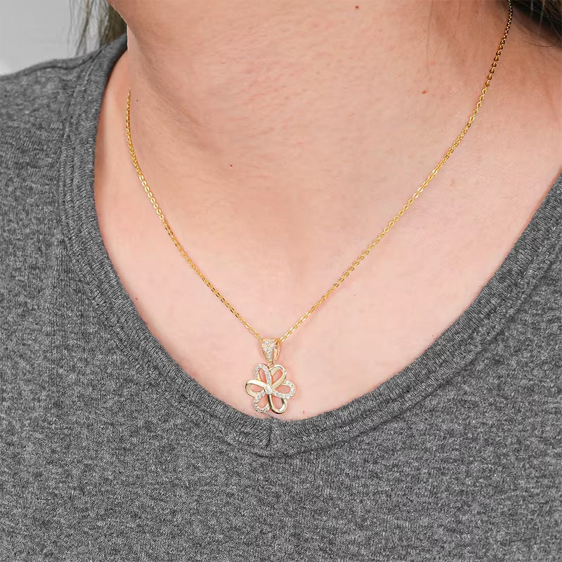Au585 Cubic Zircon CZ 14K Solid Gold Diamond Flower Pendant Necklace for Women with 925 Sterling Silver Chain for Gift
