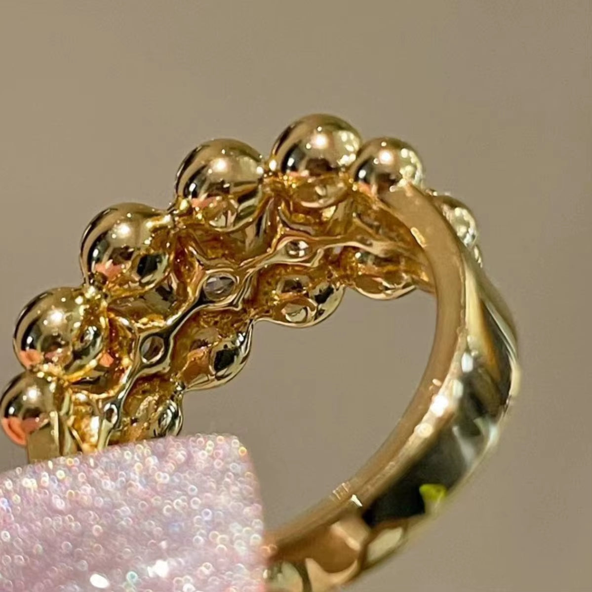 BELLUX Italian Style Fashion 925 Silver Gold-Plated Synthetic Zircon Bead Sparkling Diamond Vintage Ring