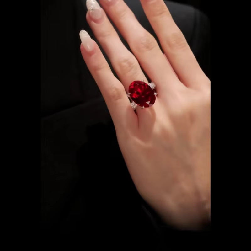 Bellux 925 Silver Gold Plated Synthetic Zircon Ruby Oval Pigeon Egg Luxury Full Diamond Ring