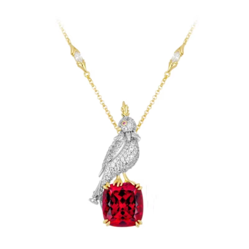 BELLUX Pendant Chain 925 Silver Synthetic Zircon Ruby Square Full Diamonds Bird Light Luxury Fashion Necklace