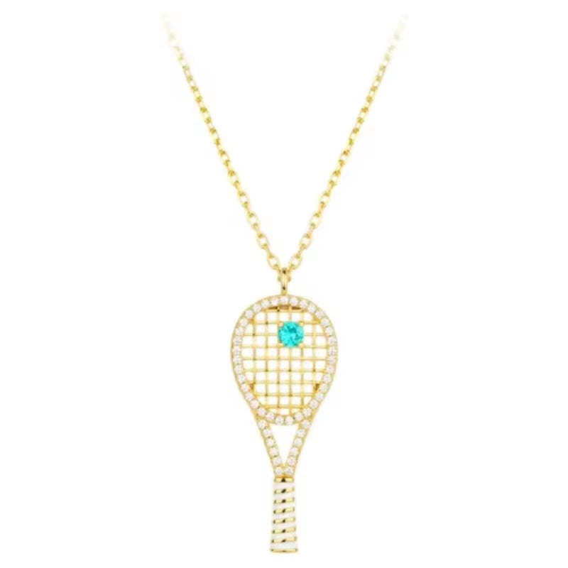 Bellux Pendant 925 Silver Synthetic Zircon Gold Hollow Tennis Racket Cute Design Necklace
