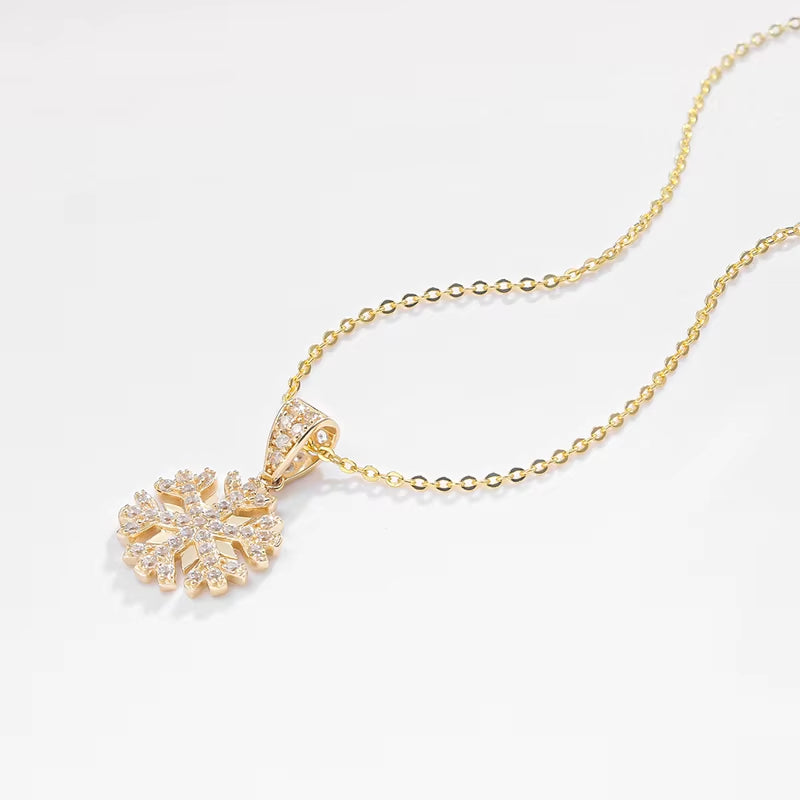 Custom Real 14K Solid Gold Snowflake Pendant Classic Women'S Jewelry Cubic Zircon Wedding Necklace Link Chain