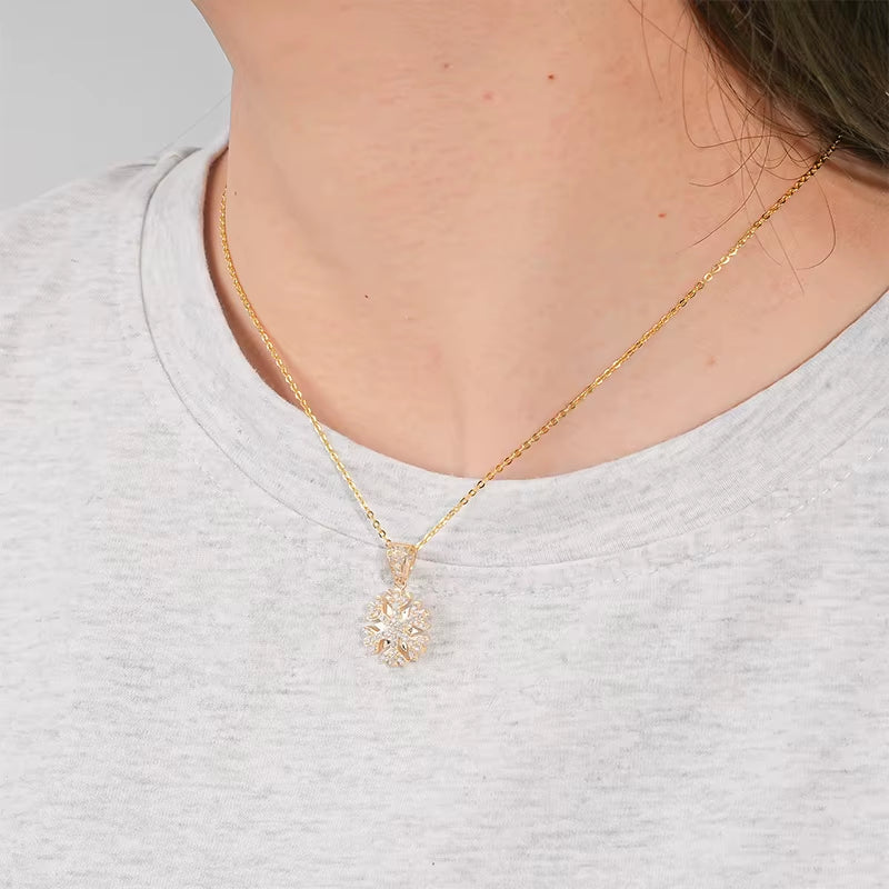 Custom Real 14K Solid Gold Snowflake Pendant Classic Women'S Jewelry Cubic Zircon Wedding Necklace Link Chain