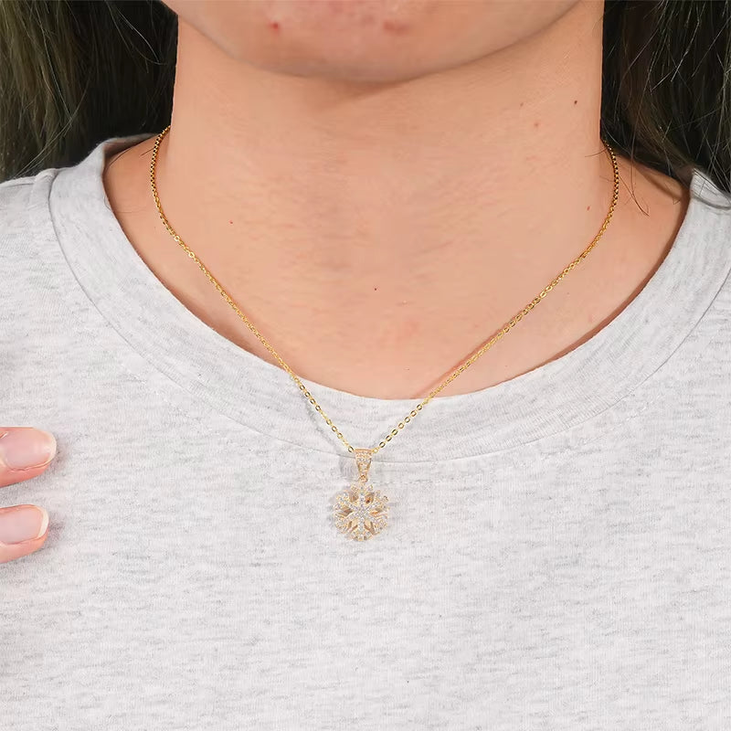 Custom Real 14K Solid Gold Snowflake Pendant Classic Women'S Jewelry Cubic Zircon Wedding Necklace Link Chain