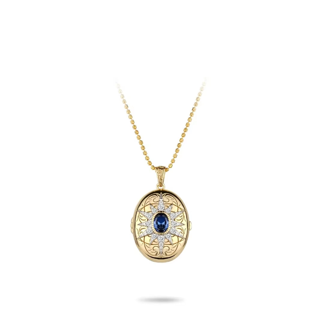 BELLUX Pendant Chain 925 Silver Gold-Plated Synthetic Zircon Oval Sapphire Sunflower Mirror Necklace