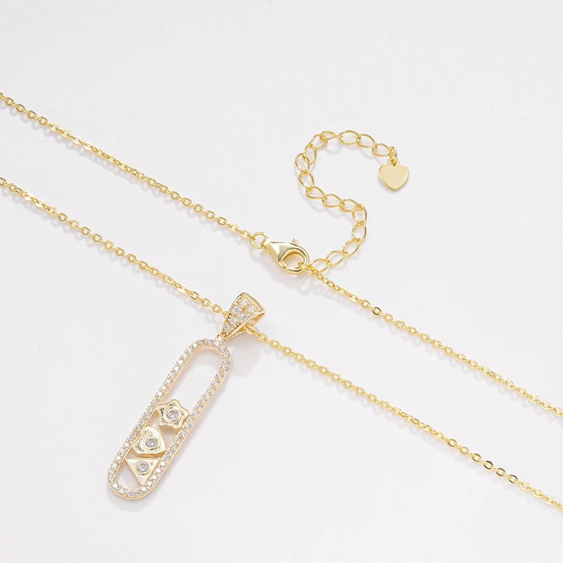 Special Design Romantic Au585 14K Solid Gold CZ Cubic Zirconia Diamond Geometric Element Bar Pendant with 925 Silver Link Chain