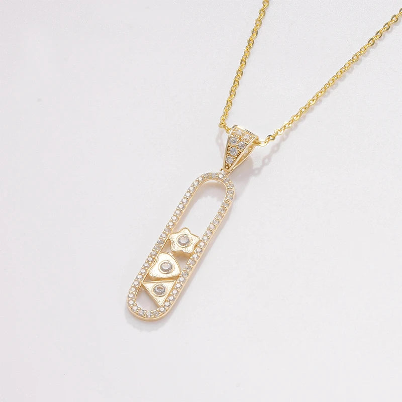 Special Design Romantic Au585 14K Solid Gold CZ Cubic Zirconia Diamond Geometric Element Bar Pendant with 925 Silver Link Chain