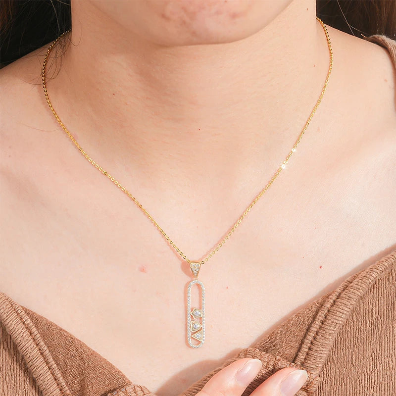 Special Design Romantic Au585 14K Solid Gold CZ Cubic Zirconia Diamond Geometric Element Bar Pendant with 925 Silver Link Chain