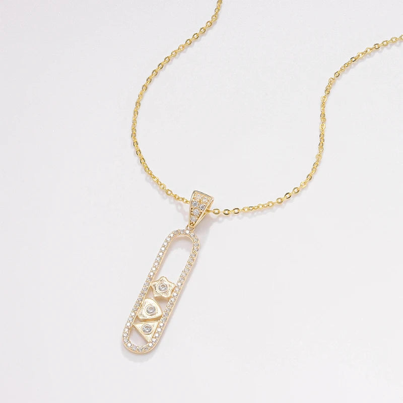 Special Design Romantic Au585 14K Solid Gold CZ Cubic Zirconia Diamond Geometric Element Bar Pendant with 925 Silver Link Chain
