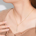 Special Design Romantic Au585 14K Solid Gold CZ Cubic Zirconia Diamond Geometric Element Bar Pendant with 925 Silver Link Chain