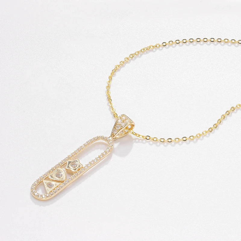 Special Design Romantic Au585 14K Solid Gold CZ Cubic Zirconia Diamond Geometric Element Bar Pendant with 925 Silver Link Chain
