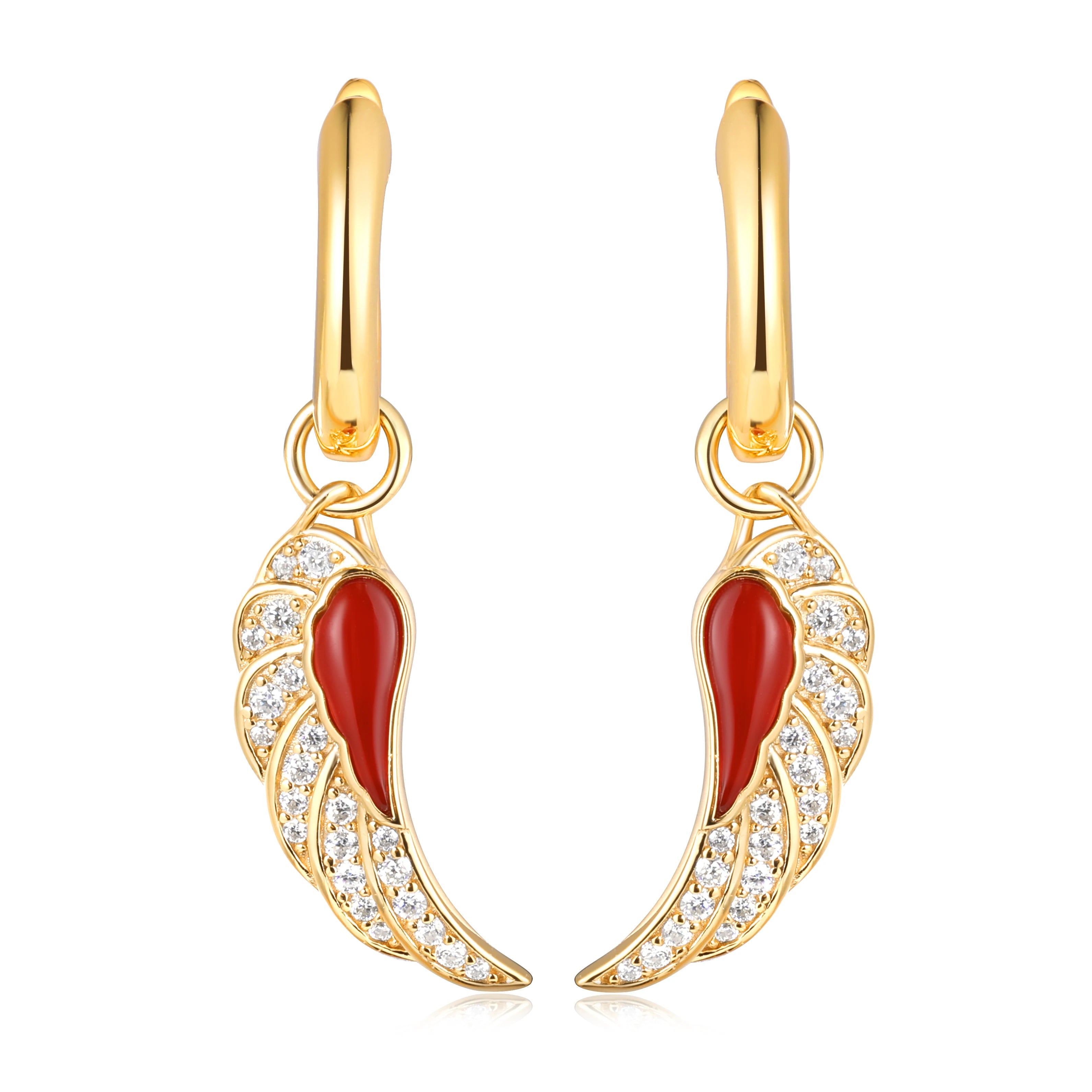 Red Agate Pendent Hoop Earrings for Women Bohemia Sparkling Moissanite Angel Wing Design Hoops Fine Jewelry 18K Gold Plated