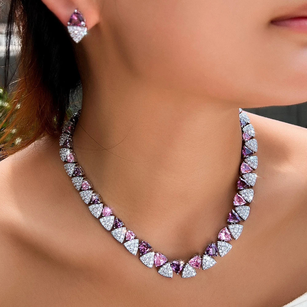 Threegraces Exquisite Luxury Pink Purple Zirconia Triangle Shape Bridal Wedding Evening Party Jewelry Set for Women T1090