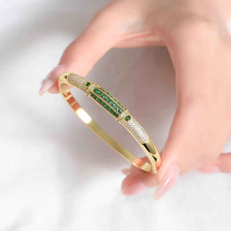 BELLUX New Arrival 925 Silver Gold Plated Synthetic Zircon Bangle Emerald Full Diamond Vintage Bracelet