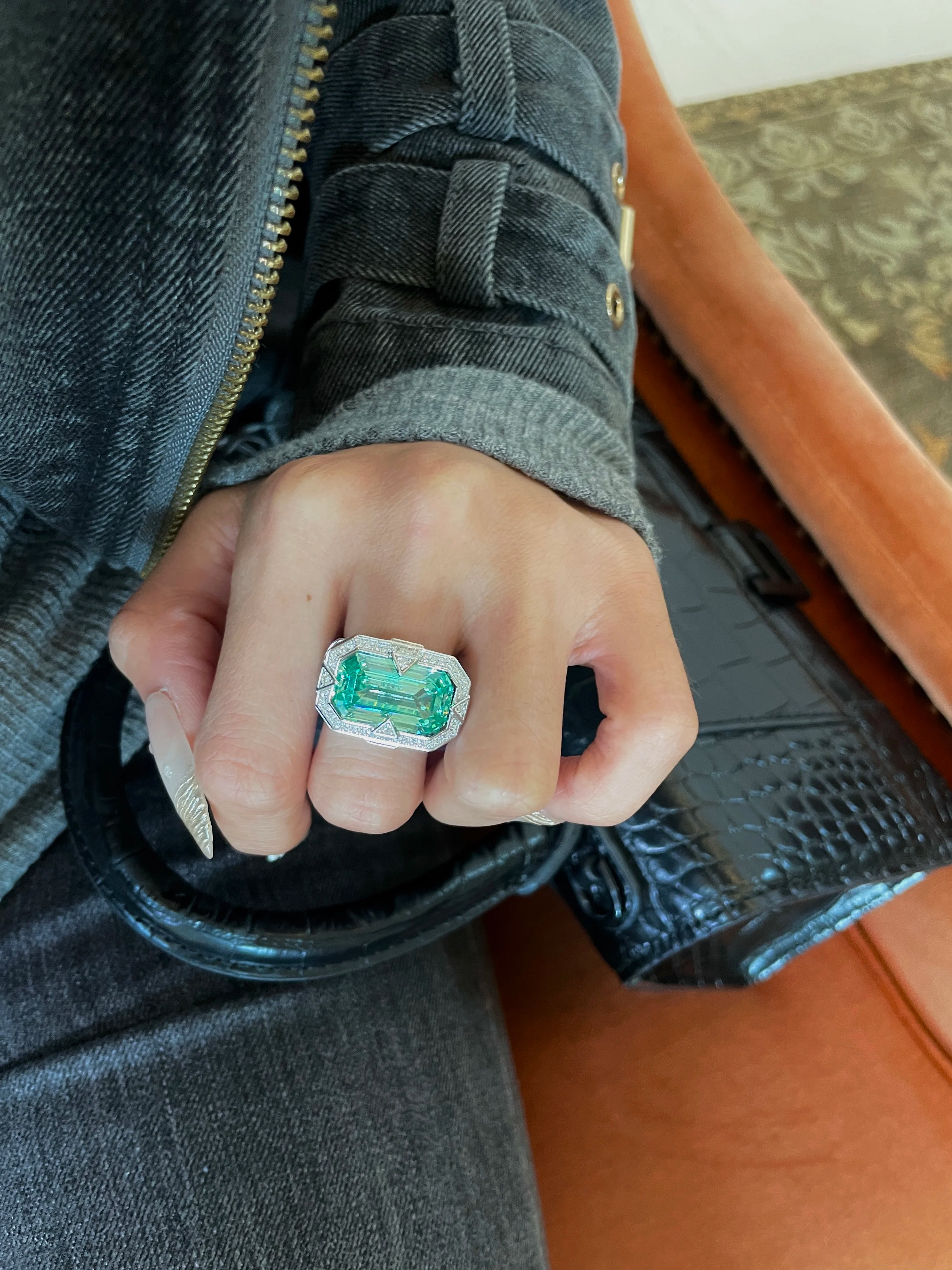 Bellux S925 Silver Gold-Plated Synthetic Gem Paraiba Square Large Carat Diamond Ring Fine Jewelry Style