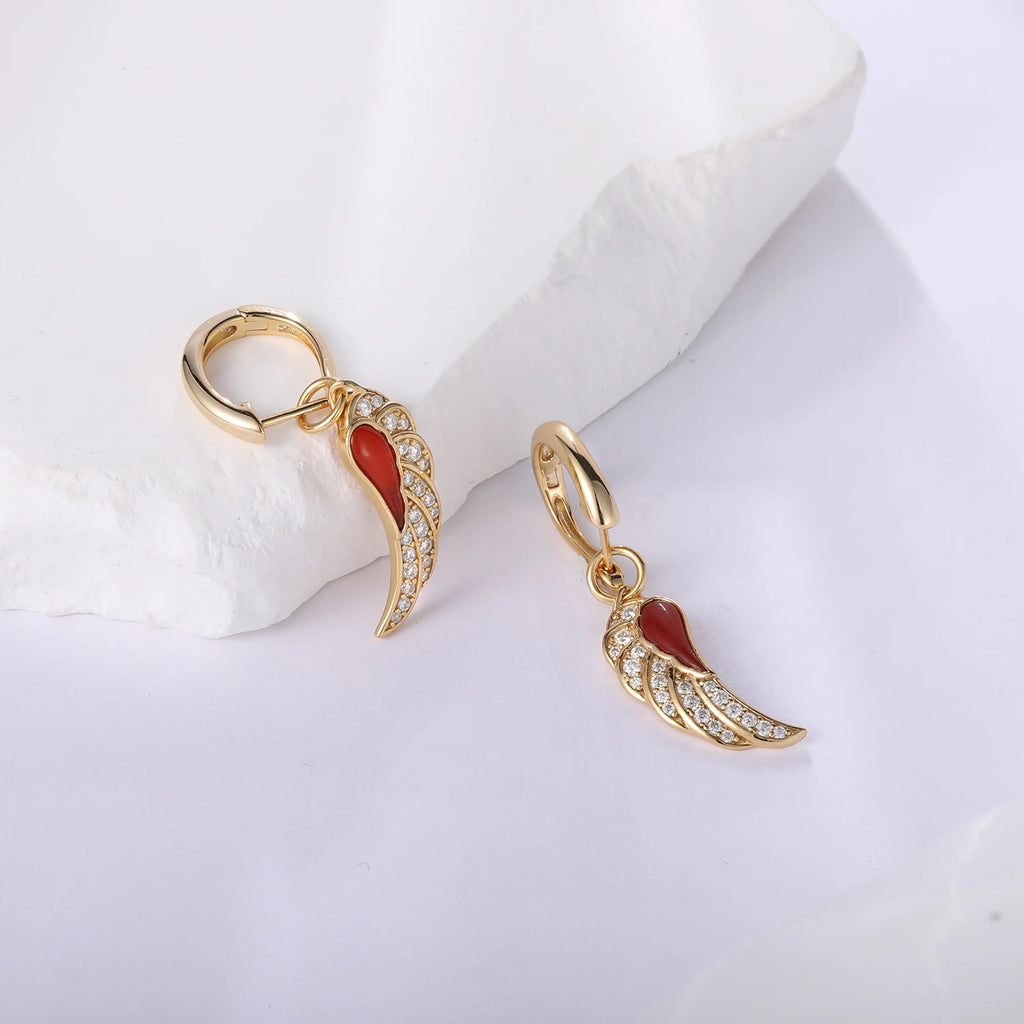 Red Agate Pendent Hoop Earrings for Women Bohemia Sparkling Moissanite Angel Wing Design Hoops Fine Jewelry 18K Gold Plated