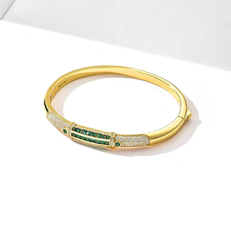 BELLUX New Arrival 925 Silver Gold Plated Synthetic Zircon Bangle Emerald Full Diamond Vintage Bracelet