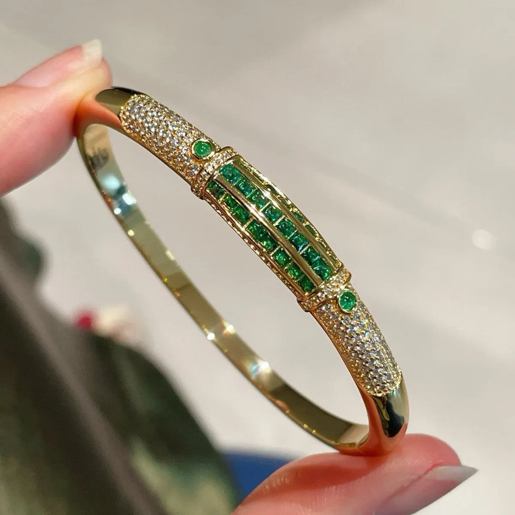 BELLUX New Arrival 925 Silver Gold Plated Synthetic Zircon Bangle Emerald Full Diamond Vintage Bracelet