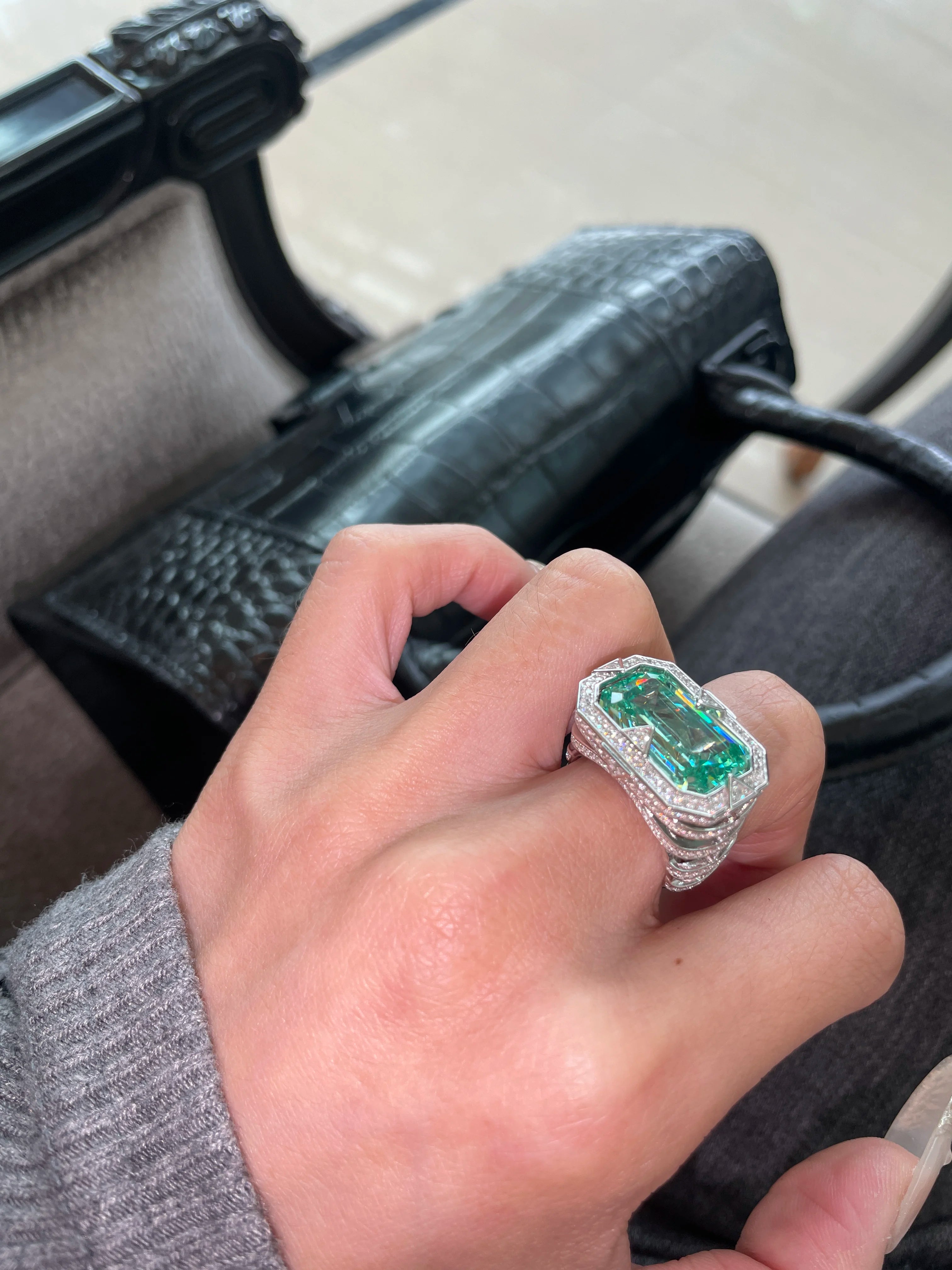 Bellux S925 Silver Gold-Plated Synthetic Gem Paraiba Square Large Carat Diamond Ring Fine Jewelry Style