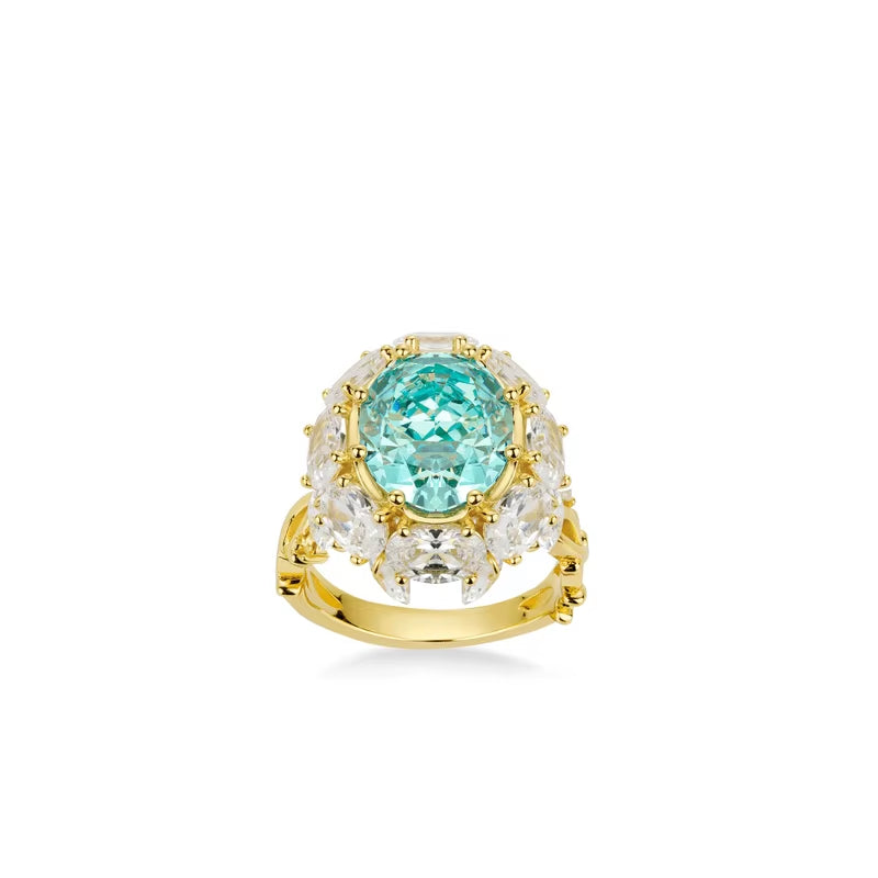 Bellux 925 Sterling Silver Plated 18K Gold Synthetic Zircon Blue Green Paraíba Gemstone Fine Jewelry Tassel Ring