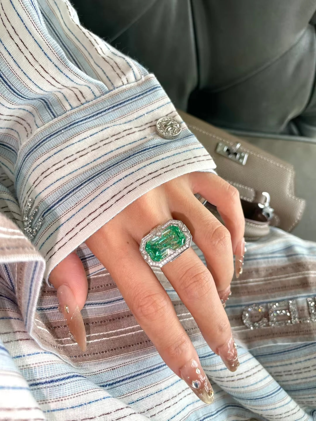 Bellux S925 Silver Gold-Plated Synthetic Gem Paraiba Square Large Carat Diamond Ring Fine Jewelry Style