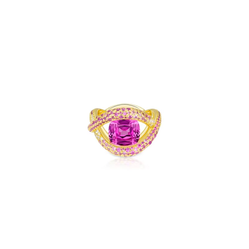 BELLUX 925 Silver Synthetic Zircon Ring Angel'S Eye Pink Square Candy Full Diamond Wave Pattern Light Luxury Ring