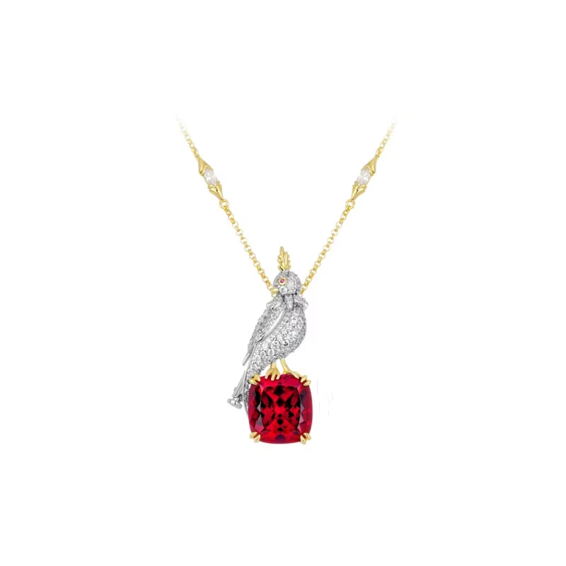 BELLUX Pendant Chain 925 Silver Synthetic Zircon Ruby Square Full Diamonds Bird Light Luxury Fashion Necklace