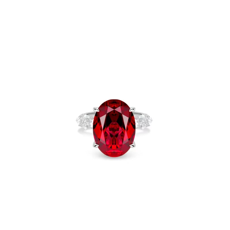 Bellux 925 Silver Gold Plated Synthetic Zircon Ruby Oval Pigeon Egg Luxury Full Diamond Ring